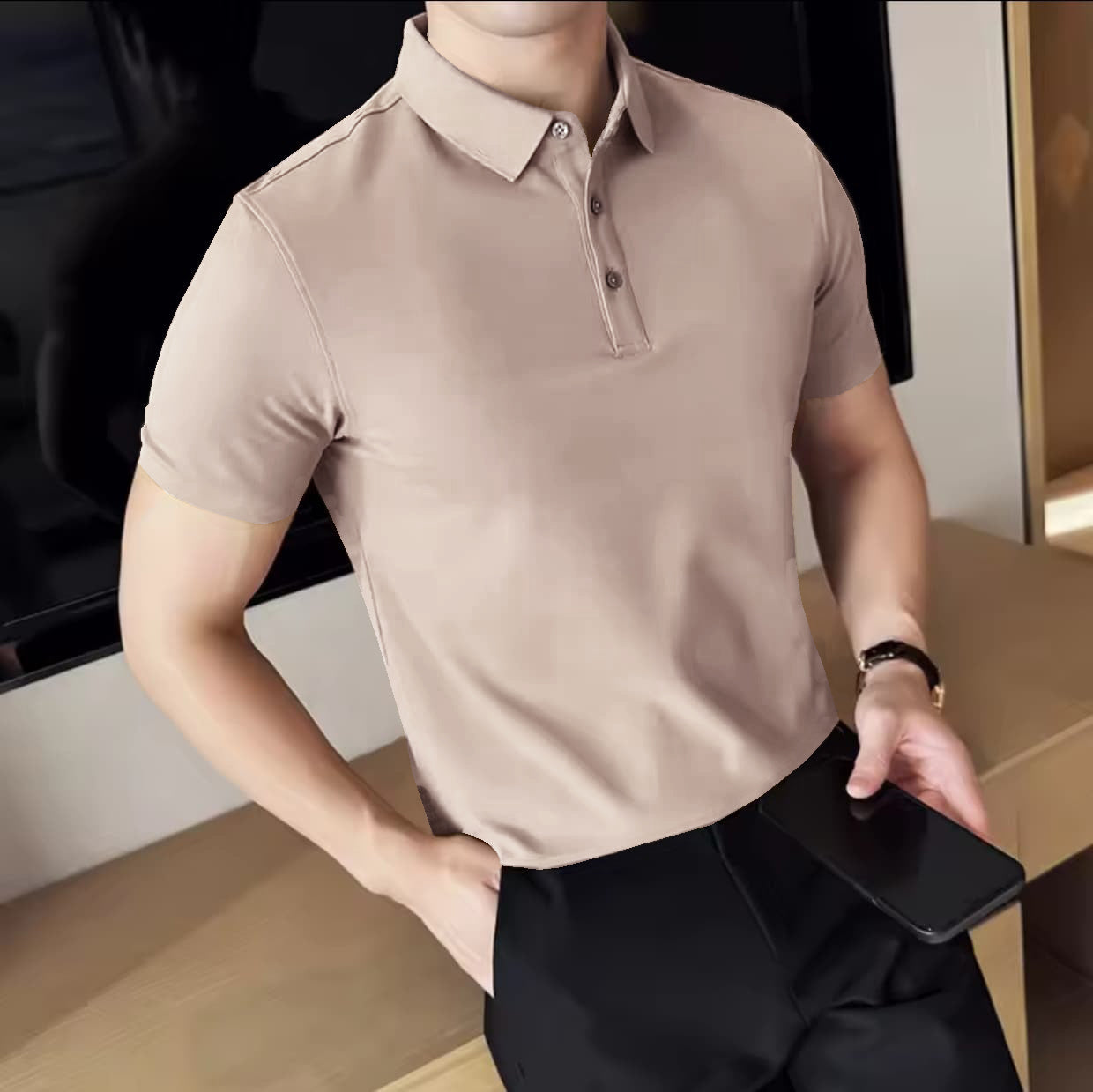 MEN'S IMPORTED LIGHT BEIGE SEAMLESS 4 WAY LYCRA SHIRT LBS-7